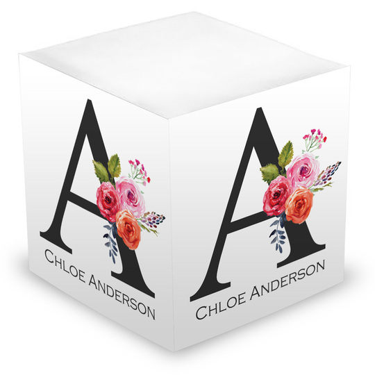White Floral Bunch Initial Sticky Memo Cube